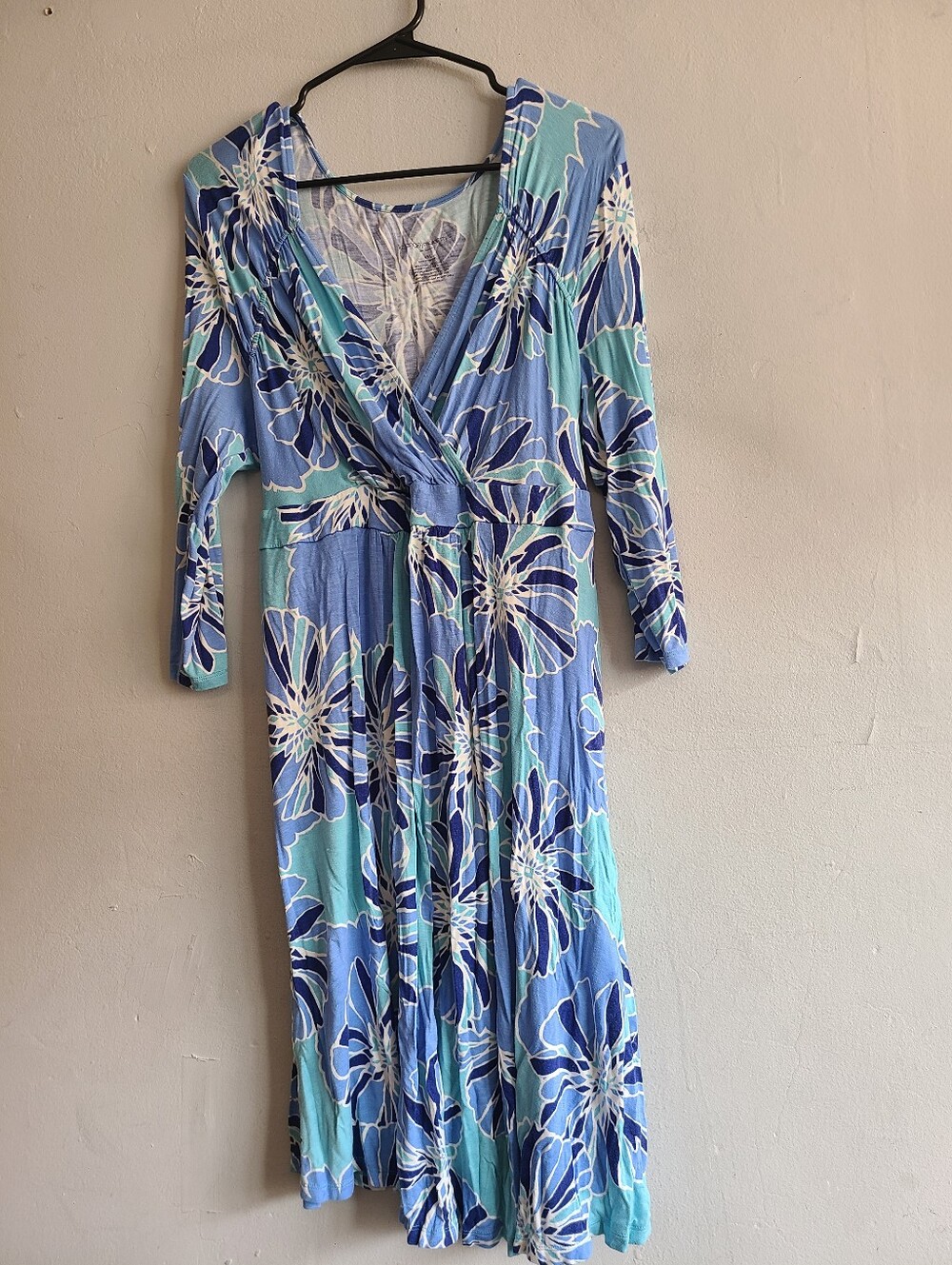 Women's XL maternity blue floral long sleeve dress tie back wrap top soft rayon